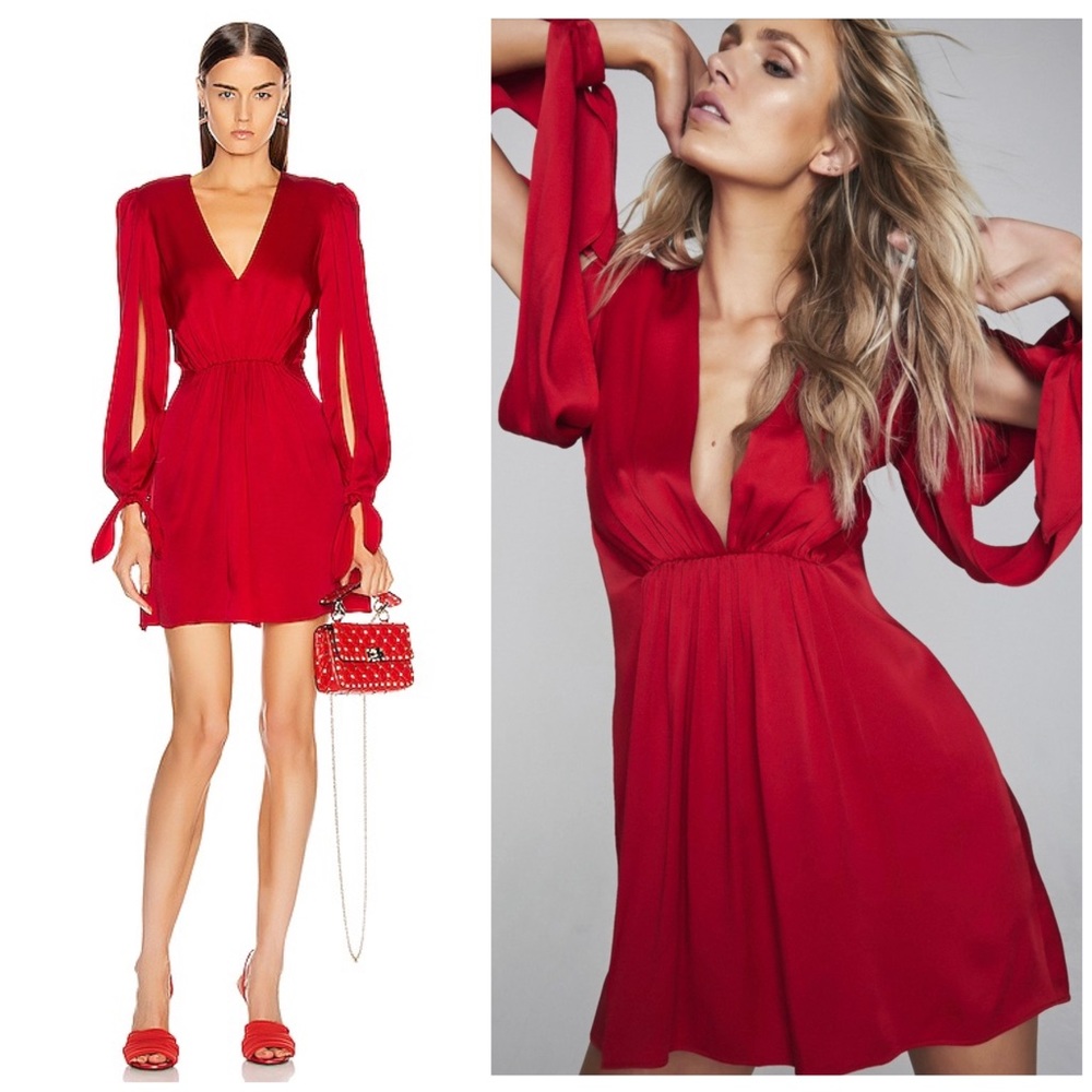 NWT Haney Red Split Sleeve Gathered Satin Dress - Picture 2 of 16